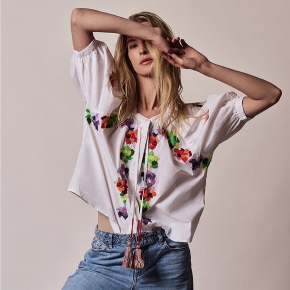 The Shirt Rochelle Behrens Minka 3/4 Sleeve Sequin Blouse White XS SOLD OUT - Picture 3 of 17